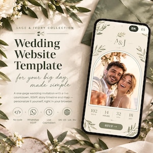 May include: A digital wedding website template displayed on a smartphone screen, featuring a cream background with sage green botanical illustrations, a photo of a couple, a countdown timer, and the text Wedding Website Template.