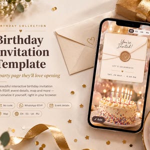 Puede incluir: Un teléfono inteligente muestra una plantilla de invitación de cumpleaños digital con un pastel, junto a un sobre y un regalo. La pantalla incluye el texto 'You're Invited', 'LET'S CELEBRATE' y 'SAT, 24 MAY'. El fondo está decorado con confeti.
