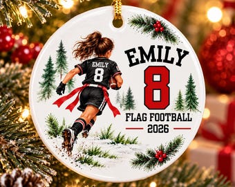 Personalized Girls Flag Football Ornament, Custom Name & Jersey Number Christmas Keepsake