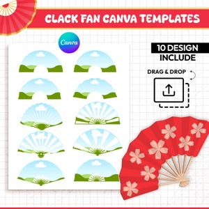 May include: A digital graphic displaying CLACK FAN CANVA TEMPLATES with 10 design options. The layout features a grid of fan-shaped templates, a Canva logo, and instructions to drag and drop. A red folding fan with pink cherry blossom patterns is shown.