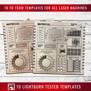 May include: Two light-colored, square wooden laser testing templates featuring engraved grids, text, and circular charts. The templates include labels such as Material, Text Size, Cut Power, Offset Test, Focus Test, and Kerf Test, with numerical scales along the edges.