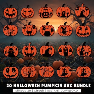 May include: A digital collection of 20 orange pumpkin silhouettes featuring black Halloween-themed cutouts including ghosts, witches, bats, cats, and haunted houses. The text at the bottom reads 20 HALLOWEEN PUMPKIN SVG BUNDLE Silhouette | Circuit | INSTANT DOWNLOAD.