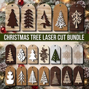 May include: A collection of twenty-six rectangular wooden tags with rounded tops, each featuring a unique laser-cut Christmas tree or snowflake design in various wood tones and colors, labeled with the text CHRISTMAS TREE LASER CUT BUNDLE.