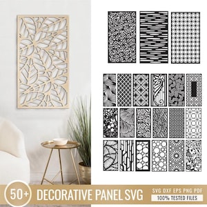 Puede incluir: Una colección de archivos digitales para paneles decorativos con varios patrones geométricos, florales y abstractos complejos. El conjunto incluye formatos SVG, DXF, EPS y PNG, con el texto 50+ Decorative Panel SVG 100% Tested Files.