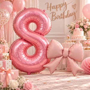 May include: A large, metallic pink foil balloon shaped like the number eight, accompanied by a smaller, light pink foil balloon shaped like a decorative bow. The balloons feature a smooth, reflective surface and are displayed in a festive setting.