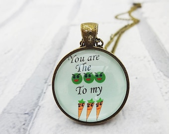 Peas and Carrots Necklace, Cheesy Romantic gift, Vegetable pendant, Vegan Quote,nCheesy quote pendant, Anniversary gift,Love quote, Love, Q1