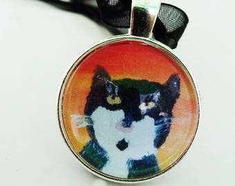 Cat Necklace, Cat Lover Gift, Cat Jewelery, Cat Pendant, Kitty Necklace, Primitive Art Print, Cat Painting, Cat mom, Cat Charm, Black Cat