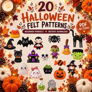 May include: A digital collection of 20 Halloween felt patterns featuring illustrations of a candy corn, witch hat, bat, vampire, spider, black cat, haunted house, skull, zombie, broom, Frankenstein monster, ghost, cauldron, candy, pumpkin, witch, and tombstone.