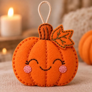 Puede incluir: Un adorno de calabaza de fieltro naranja brillante con una cara sonriente bordada, ojos cerrados y mejillas rosadas. La calabaza tiene una pequeña hoja naranja con costuras verdes y un lazo de cuerda beige para colgar como decoración.