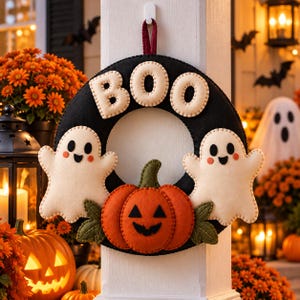 BOO Halloween Wreath Pattern, Ghost Pumpkin Felt Decor, Beginner Hand Sewing PDF