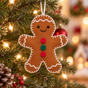 May include: A brown felt gingerbread man ornament featuring white stitched edges, two black circular eyes, a black stitched smile, and three buttons in red, green, and red down the centre. A white string loop is attached to the top for hanging.