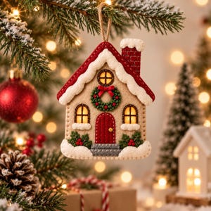 May include: A felt Christmas ornament shaped like a house with a red roof, a chimney, and white snow accents. The house features a green wreath with a red bow, a red door, two lit windows, and green holly leaves with red berries at the base.