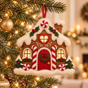 May include: A felt gingerbread house ornament featuring a red door with a green wreath, candy cane pillars, white icing trim, and illuminated windows. The brown house is decorated with red and white peppermint candies and green holly leaves.