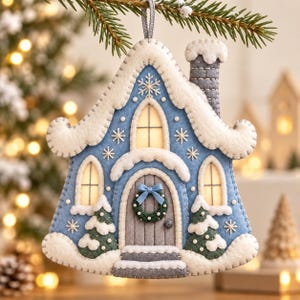 May include: A felt house ornament in shades of blue, gray, and white, featuring a snow-covered roof, a chimney, arched windows, and a front door with a green wreath and blue bow. The design includes embroidered snowflake details.