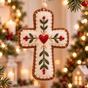May include: A cross-shaped felt ornament featuring cream-coloured fabric with brown edges. The design includes embroidered green leaves, red berries, and a central red heart. It hangs from a light-coloured cord with a small wooden bead at the top.