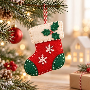 Könnte beinhalten: Ein Weihnachtsstrumpf-Anhänger aus Filz mit rotem Körper, weißen gestickten Schneeflocken, cremefarbenem Umschlag sowie grüner Ferse und Spitze. Er ist mit grünen Filz-Stechpalmenblättern und roten Beeren verziert und hängt an einer rot-weiß gestreiften Kordel.