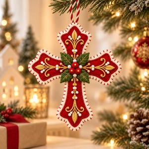 May include: A red felt cross ornament featuring gold embroidered scrollwork, white pearl accents, and a central cluster of green holly leaves with red berries. The edges are finished with white blanket stitching and a red and white twisted cord hanger.