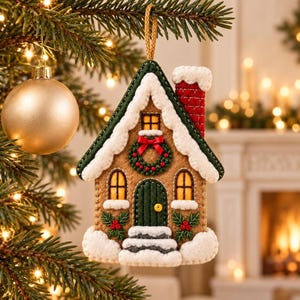 May include: A felt Christmas tree ornament shaped like a house with tan walls, a dark green door, a red brick chimney, and white snow accents. The house features a green wreath with a red bow, yellow windows, and green holly leaves with red berries.