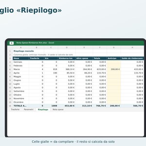 Expense Report and Mileage Reimbursement in Excel in Italian | Mileage Reimbursement, Travel, Tolls, Meals, Monthly Summary, Printable Form image 3