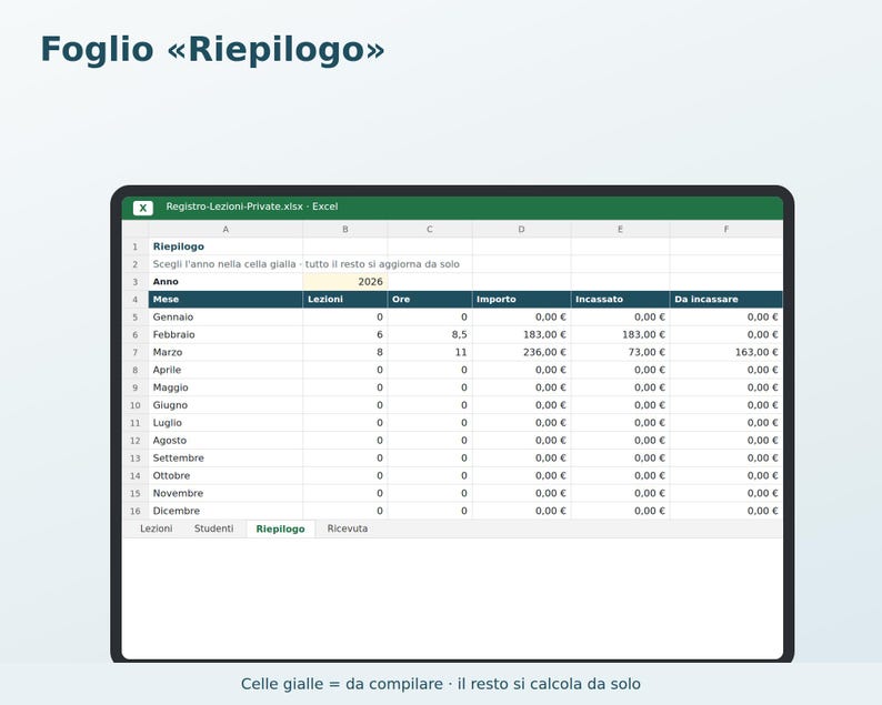 Private Lesson Log in Excel in Italian | Tutoring, Music Lessons, Student Hours and Payments, Printable Receipt image 3