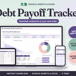 Debt Payoff Tracker Google Sheets & Excel | Debt Snowball Avalanche Calculator, Debt Free Date, Credit Card Payoff Planner imagen 1