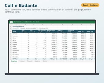 Op de afbeelding: Een digitaal spreadsheet op een laptopscherm met de titel Colf e Badante, met kolommen voor maandelijkse uren, lonen, verlof en INPS-bijdragen, inclusief rijen voor de maanden januari tot december met numerieke gegevens.