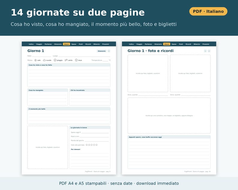 Printbaar reisdagboek (A4 en A5 PDF) | Italiaans reisdagboek, paklijst, reisroute, onkostenoverzicht, reiscadeau afbeelding 2