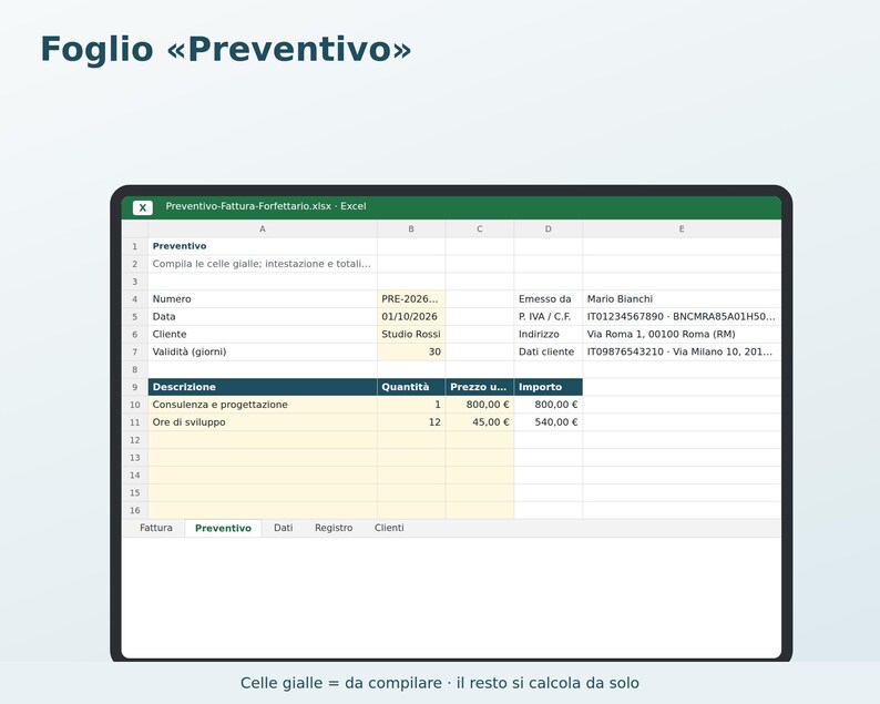 Flat-Rate Estimate and Invoice for Excel in Italian | Template with 2-Euro Stamp Duty, Legal Wording, Invoice Register, Customer Directory image 2