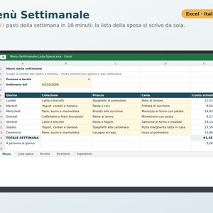 Excel Weekly Menu in Italian | Automatic Grocery List, Meal Planner, Recipe Book, Family Menu, Grocery Cost image 1