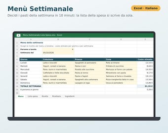 Excel Weekly Menu in Italian | Automatic Grocery List, Meal Planner, Recipe Book, Family Menu, Grocery Cost