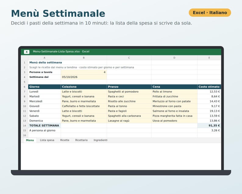 Excel Weekly Menu in Italian | Automatic Grocery List, Meal Planner, Recipe Book, Family Menu, Grocery Cost image 1