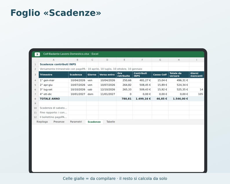 Housekeepers and Caregivers Excel in Italian | Housekeeper Payslip, 2026 INPS Contributions, Attendance Register, Vacation, Thirteenth Month, Severance Pay, Babysitters image 4