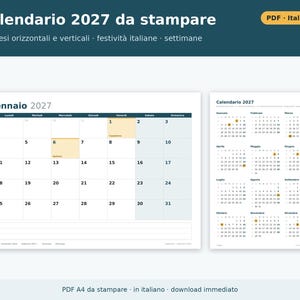 Printable 2027 Calendar (PDF) in Italian | Monthly, Horizontal and Vertical, Yearly, Holidays and Long Weekends, Shift and Vacation Planning image 1