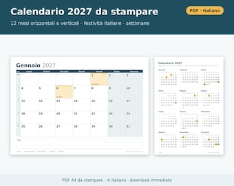 Printable 2027 Calendar (PDF) in Italian | Monthly, Horizontal and Vertical, Yearly, Holidays and Long Weekends, Shift and Vacation Planning