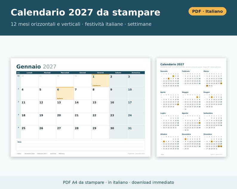 Printable 2027 Calendar (PDF) in Italian | Monthly, Horizontal and Vertical, Yearly, Holidays and Long Weekends, Shift and Vacation Planning image 1