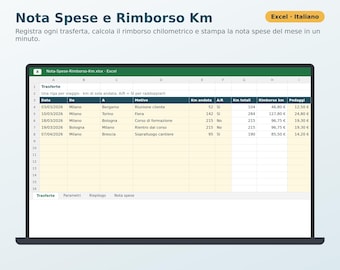 Nota Spese e Rimborso Km Excel in Italiano | Rimborso Chilometrico, Trasferte, Pedaggi, Vitto, Riepilogo Mensile, Modulo da Stampare
