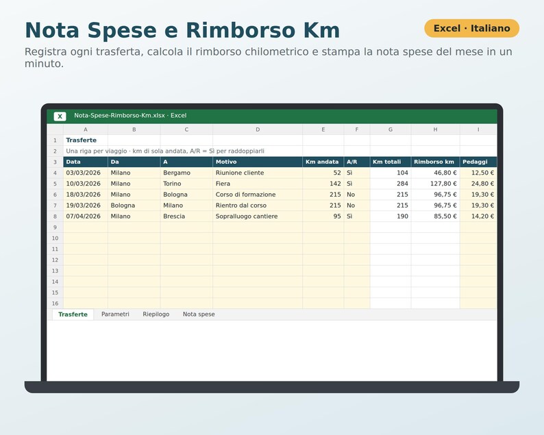 Expense Report and Mileage Reimbursement in Excel in Italian | Mileage Reimbursement, Travel, Tolls, Meals, Monthly Summary, Printable Form image 1