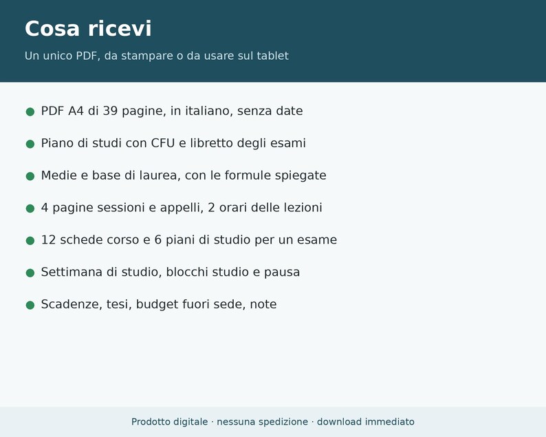 Printable PDF University Planner in Italian | Exam Booklet, Weighted Average, CFU, Study Plan, Sessions, Class Schedule, Thesis image 7