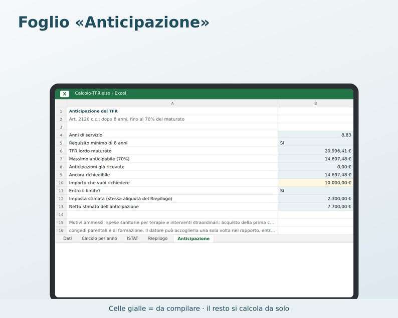 TFR Calculation in Excel in Italian | Severance Pay, ISTAT Revaluation, Separate Taxation, 70% Advance image 5