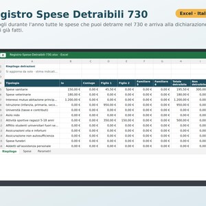 Op de afbeelding: Een digitaal spreadsheet getiteld Registro Spese Detraibili 730 weergegeven op een laptopscherm. Het Excel-bestand bevat een tabel met kolommen voor onkostencategorie&euml;n zoals medische, veterinaire en onderwijskosten, met numerieke data in Euro.