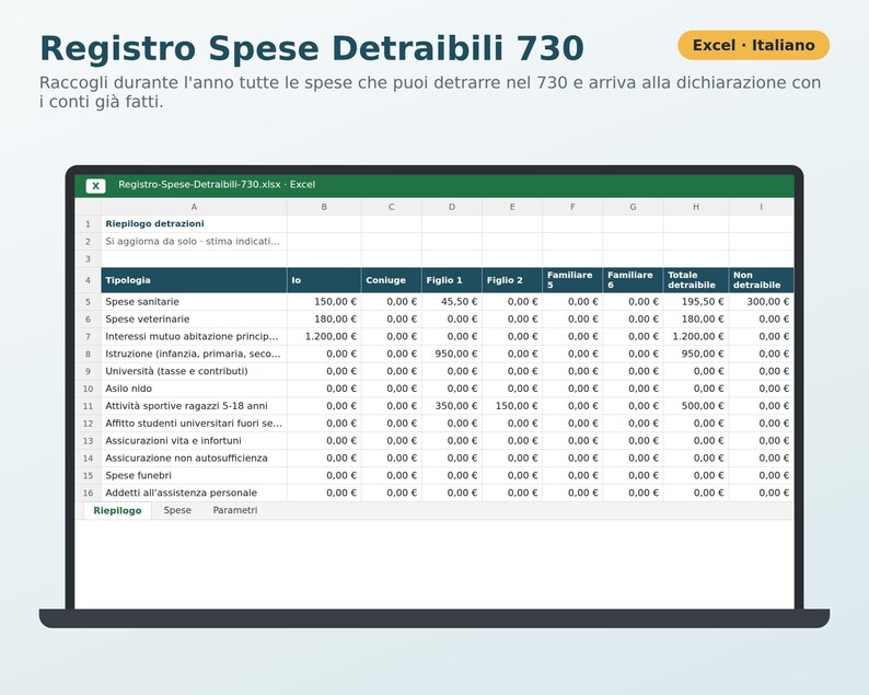 Op de afbeelding: Een digitaal spreadsheet getiteld Registro Spese Detraibili 730 weergegeven op een laptopscherm. Het Excel-bestand bevat een tabel met kolommen voor onkostencategorie&euml;n zoals medische, veterinaire en onderwijskosten, met numerieke data in Euro.