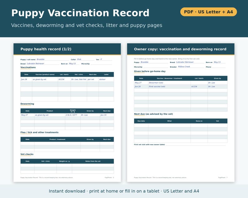 Puppy Vaccination Record Template Printable | Puppy Shot Record, Deworming Log and Owner Copy, Dog Breeder Forms PDF image 1
