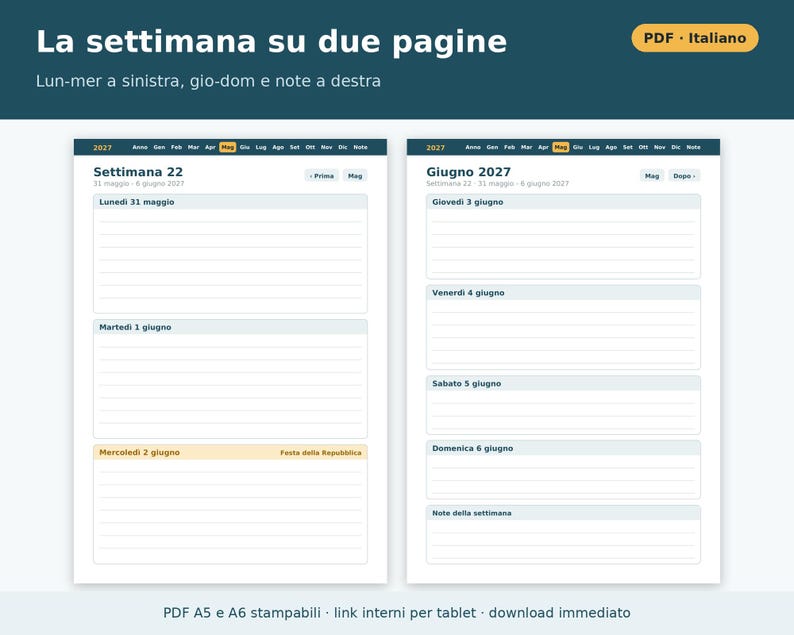 Wochenplaner 2027 (A5 und A6 Hochformat) – Druckbare PDF-Datei | Woche auf zwei Seiten, datierter Planer auf Italienisch, italienische Feiertage Bild 2