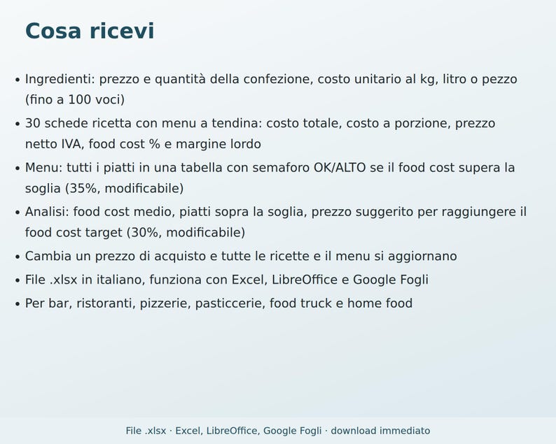 Food Cost and Recipe Book Excel in Italian | Recipe Cost, Portion Size, Margin, and Menu Price for a Restaurant, Pizzeria, or Bar image 5