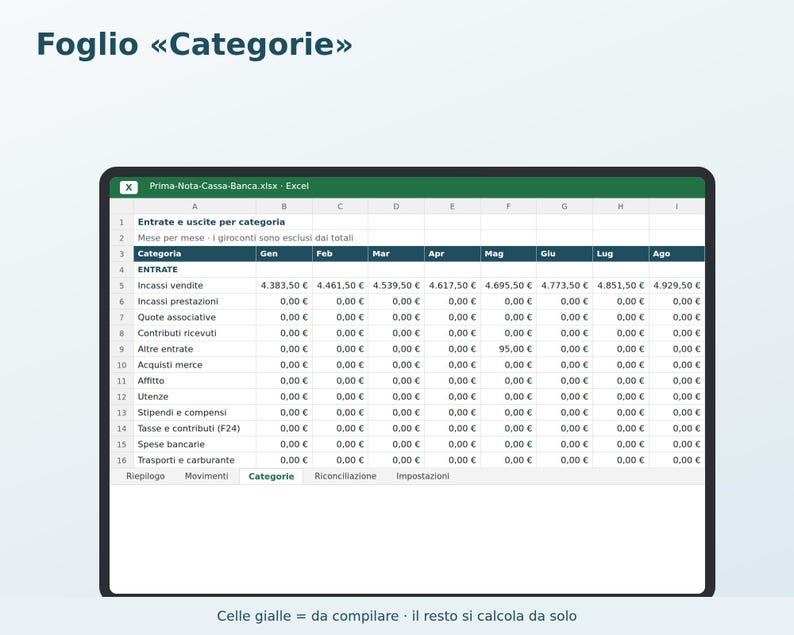 Cash and Bank Journal in Excel in Italian | Income and Expense Ledger, Cash Balance, Simple Accounting, Associations, Small Businesses image 3