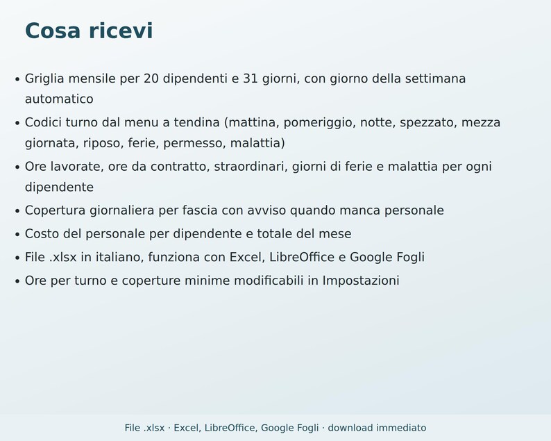 Employee Shift Planner for Excel in Italian | Monthly Schedule, Hours Worked, Overtime, Vacation, and Staff Costs image 5