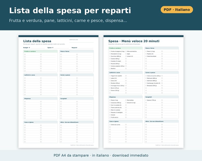 Wochenmenü (PDF) und ausdruckbare Einkaufsliste | Speiseplaner, Wochenmenü für Kinder, ausdruckbares Menü auf Italienisch Bild 4