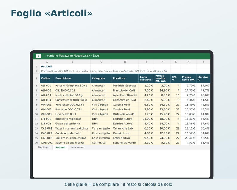 Warehouse Inventory in Excel in Italian | Store Inventory Management, Loading and Unloading, Stock, Reordering, Inventory Value, VAT Margin image 2