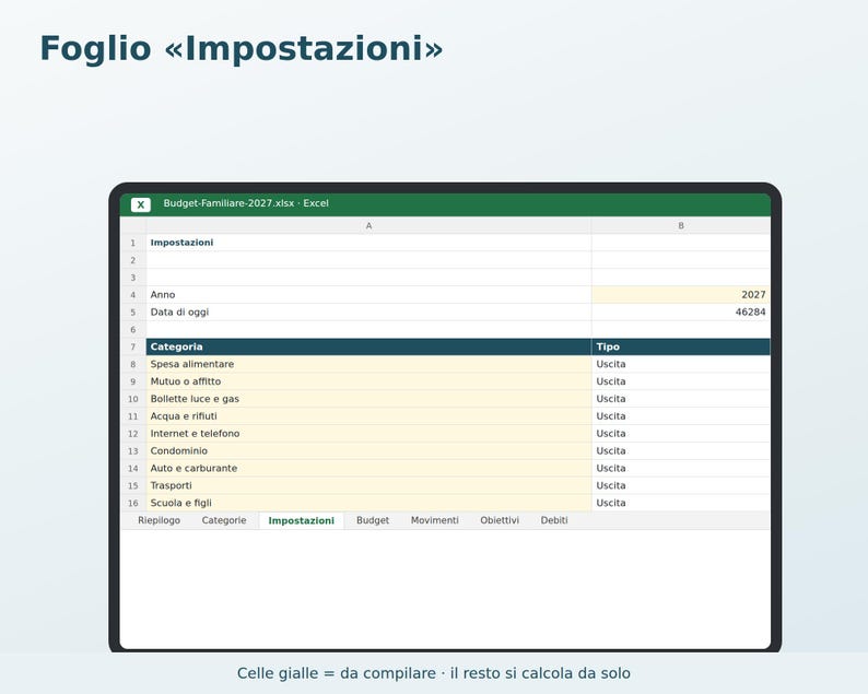 Budget familial 2027 (Excel en italien) | Dépenses du ménage, revenus et dépenses, épargne, objectifs, dettes et paiements image 5