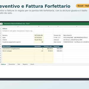 Flat-Rate Estimate and Invoice for Excel in Italian | Template with 2-Euro Stamp Duty, Legal Wording, Invoice Register, Customer Directory image 1